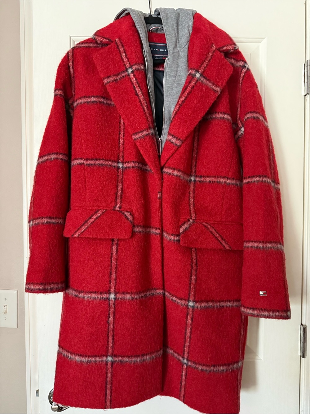 Tommy Hilfiger Red Plaid Wool-Blend Pea Coat